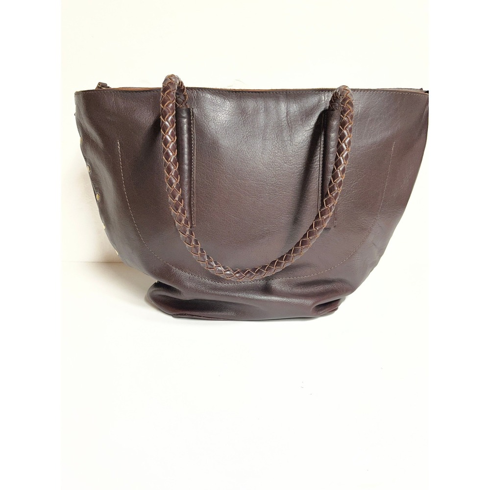 Noonday Collection Womens Leather Shoulder Tote Bag Brown Purse Studded Artsy